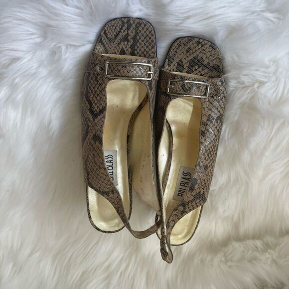 Bill Blass leather snake skin print beige & taupe open toe sandals size 9.5 - Picture 3 of 10